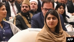 Nobel Peace Prize Laureate Malala Yousafzai, center, attends an international summit on girls education in Muslim communities in Islamabad, Jan. 11, 2025.